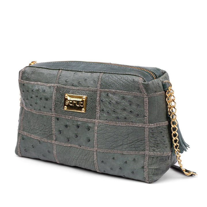 Bolsa de Ombro Feminina em Manta de Couro de Avestruz Verde Petróleo - Strut