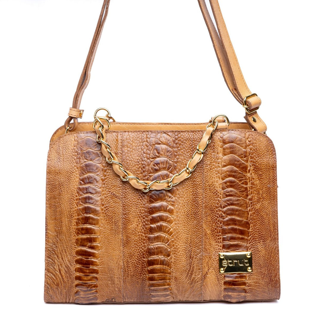 Bolsa Social Transversal em Couro de Canela de Avestruz Chestnut - Strut