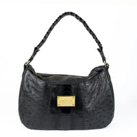 Bolsa Strut Feminina em Couro de Avestruz Alça Trançada Preta - Strut