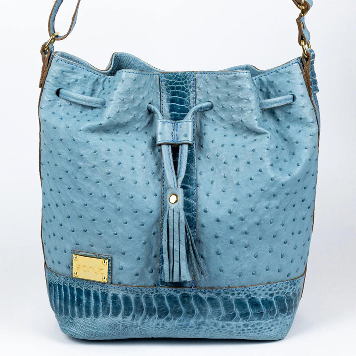 Bolsa Strut Feminina em Couro de Avestruz Bucket Azul - Strut