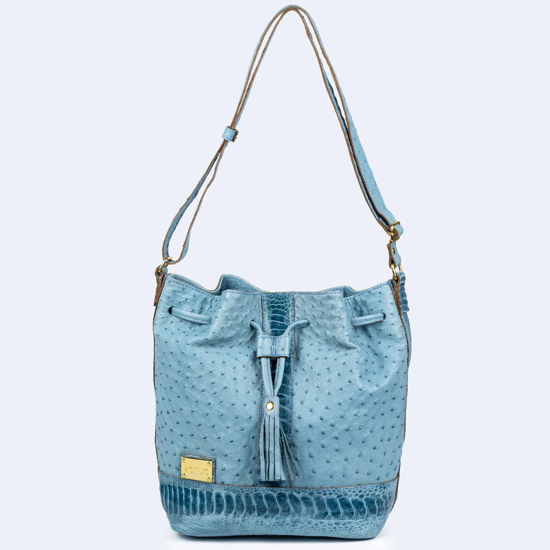 Bolsa Strut Feminina em Couro de Avestruz Bucket Azul - Strut