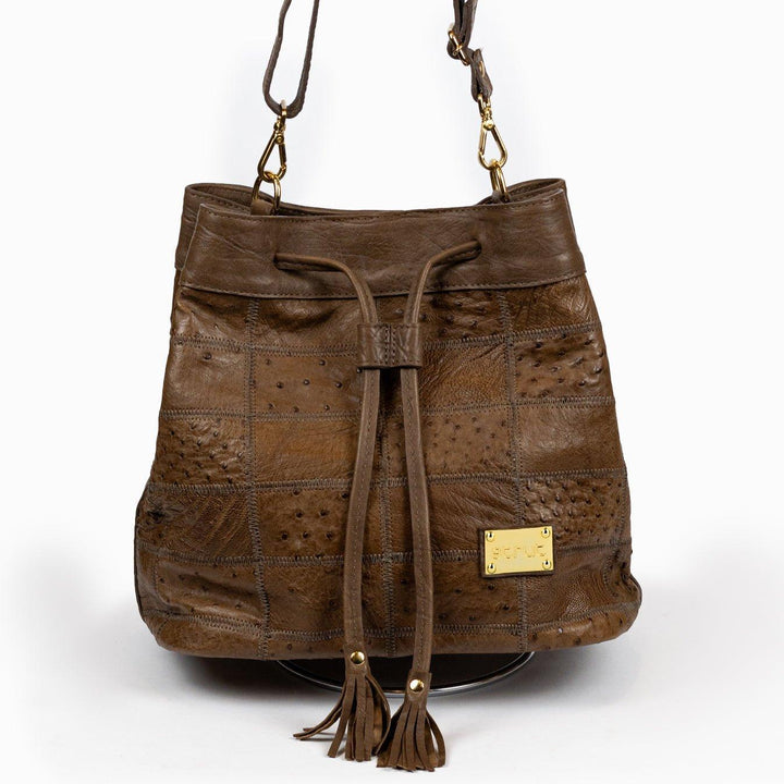 Bolsa Strut Feminina em Couro de Avestruz Bucket Tabaco - Strut