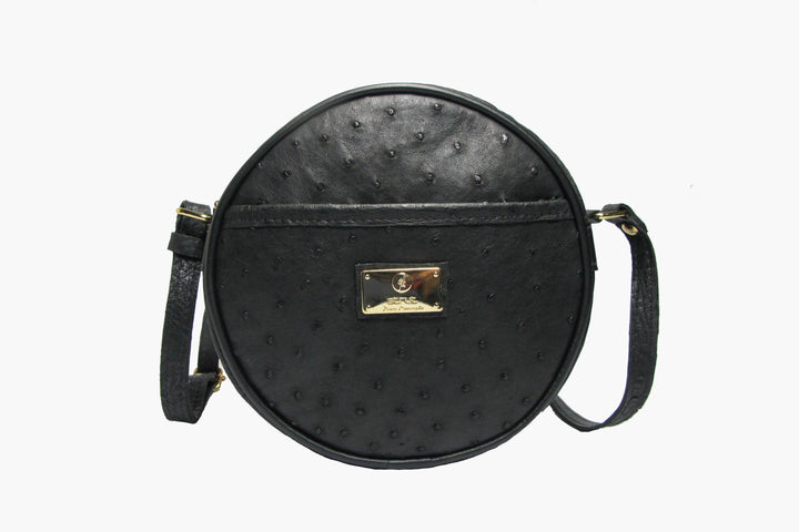 Bolsa Strut Feminina Redonda em Couro de Avestruz Preto - Strut