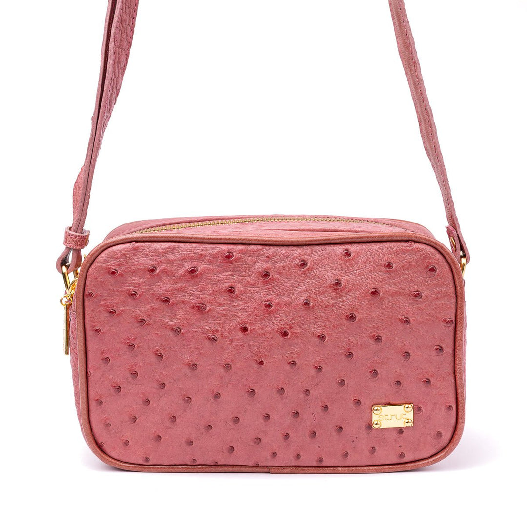 Bolsa Transversal em Couro de Avestruz Feminina 2 Zíperes Carmin - Strut