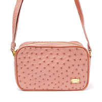 Bolsa Transversal em Couro de Avestruz Feminina 2 Zíperes Rosa Claro - Strut