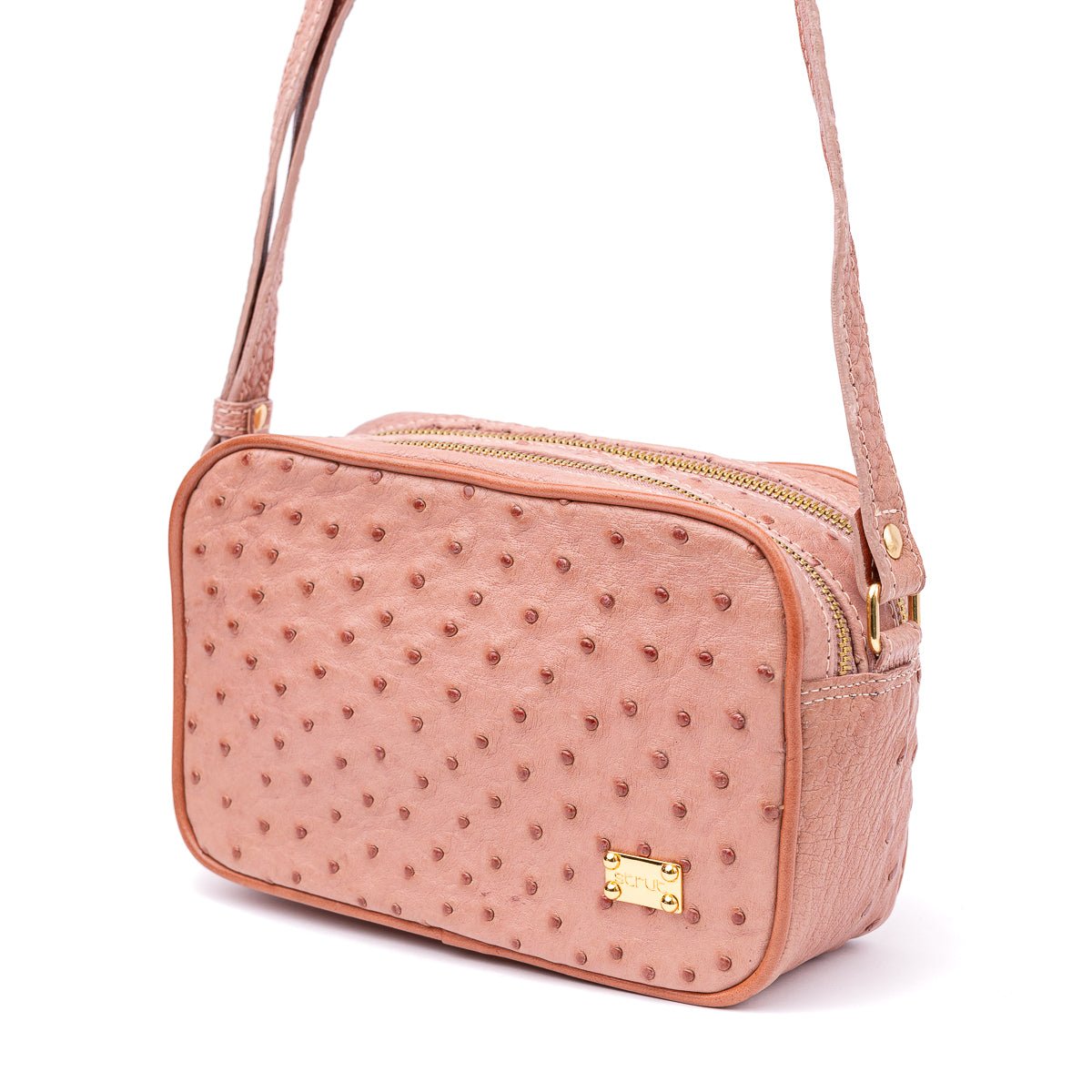 Bolsa Transversal em Couro de Avestruz Feminina 2 Zíperes Rosa Claro - Strut