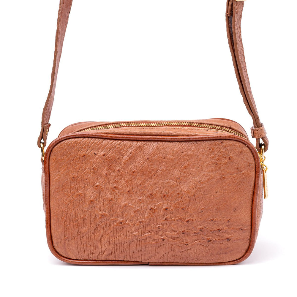 Bolsa Transversal em Couro de Avestruz Feminina 2 Zíperes Terracota - Strut