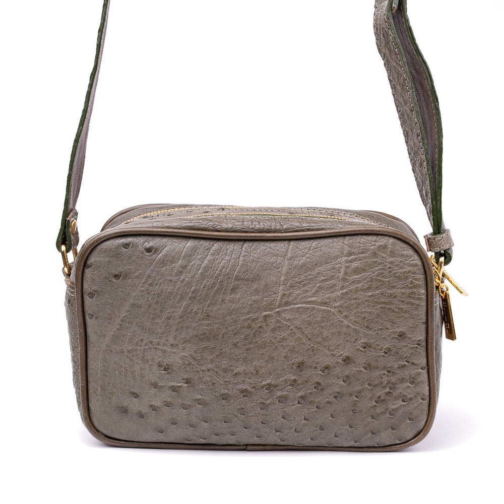 Bolsa Transversal em Couro de Avestruz Feminina 2 Zíperes Verde Musgo - Strut