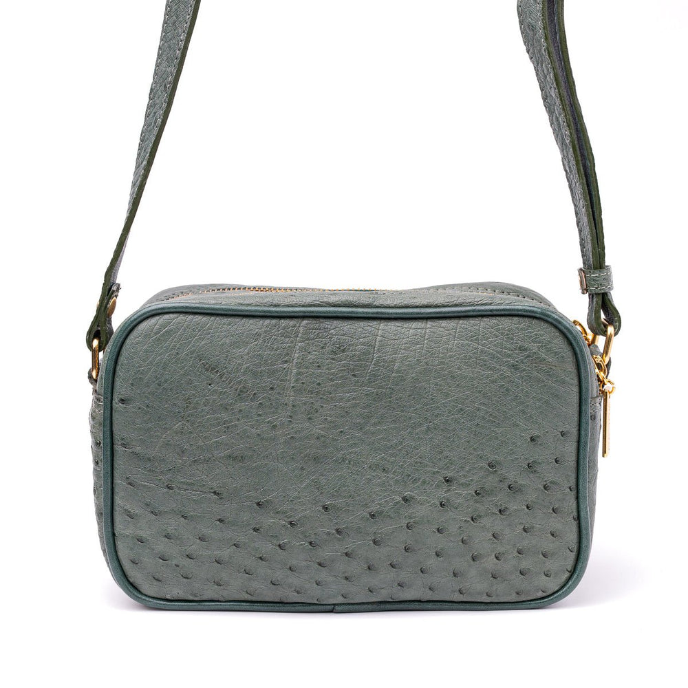 Bolsa Transversal em Couro de Avestruz Feminina 2 Zíperes Verde Petróleo - Strut