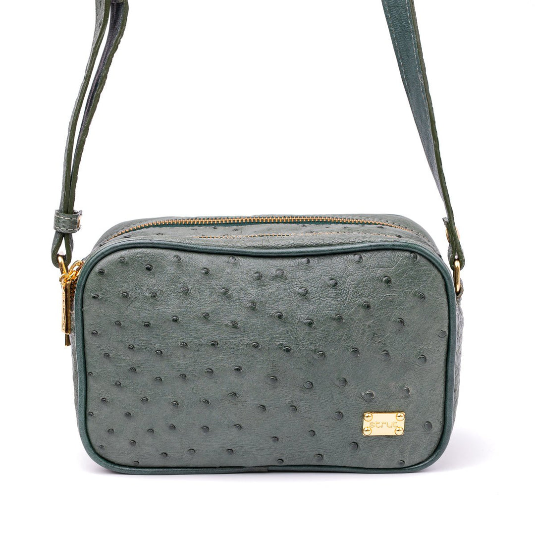 Bolsa Transversal em Couro de Avestruz Feminina 2 Zíperes Verde Petróleo - Strut