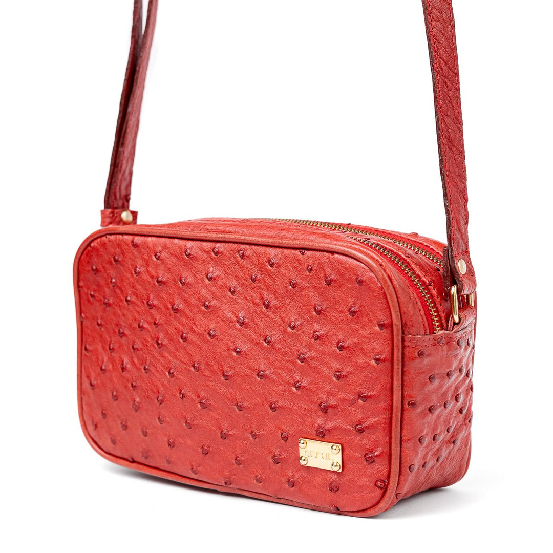 Bolsa Transversal em Couro de Avestruz Feminina 2 Zíperes Vermelha - Strut