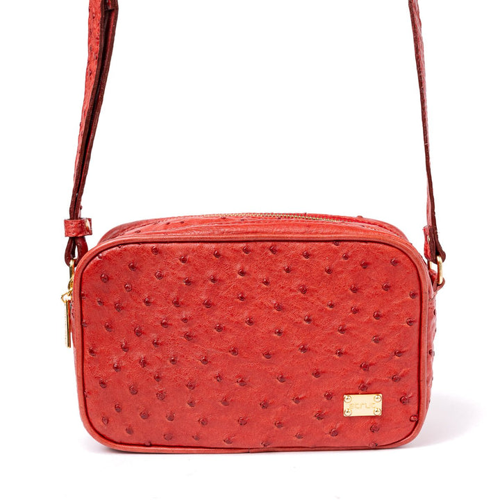Bolsa Transversal em Couro de Avestruz Feminina 2 Zíperes Vermelha - Strut