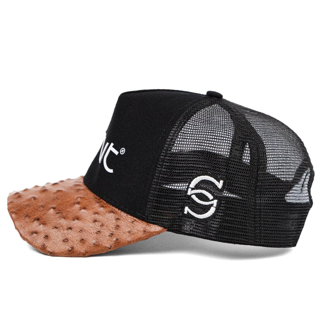 Boné Trucker Aba em Couro de Avestruz Caramelo - Strut