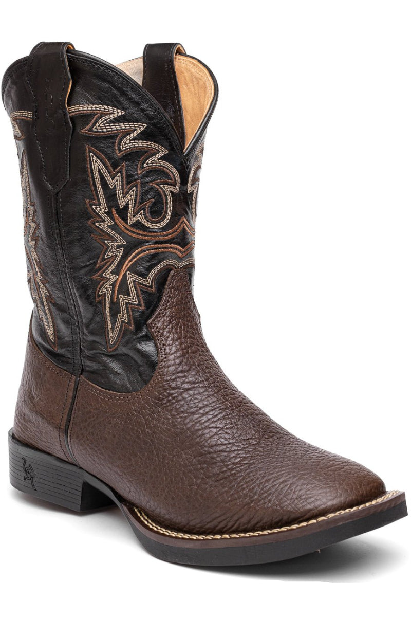 Bota masculina em couro bovino café com cano bordado e bico quadrado