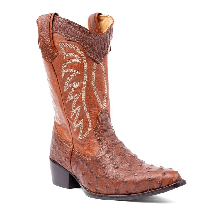 Bota Feminina Strut Em Couro De Avestruz Bico Fino Caramelo - Strut