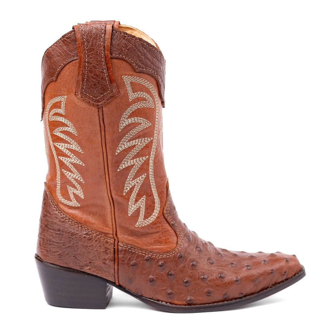 Bota Feminina Strut Em Couro De Avestruz Bico Fino Caramelo - Strut