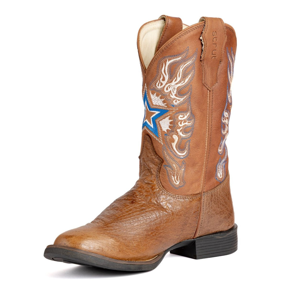 Bota Masculina Strut em Couro de Avestruz Liso Tabaco com Cano Caramelo Bordado Estrela Azul vista em três quartos