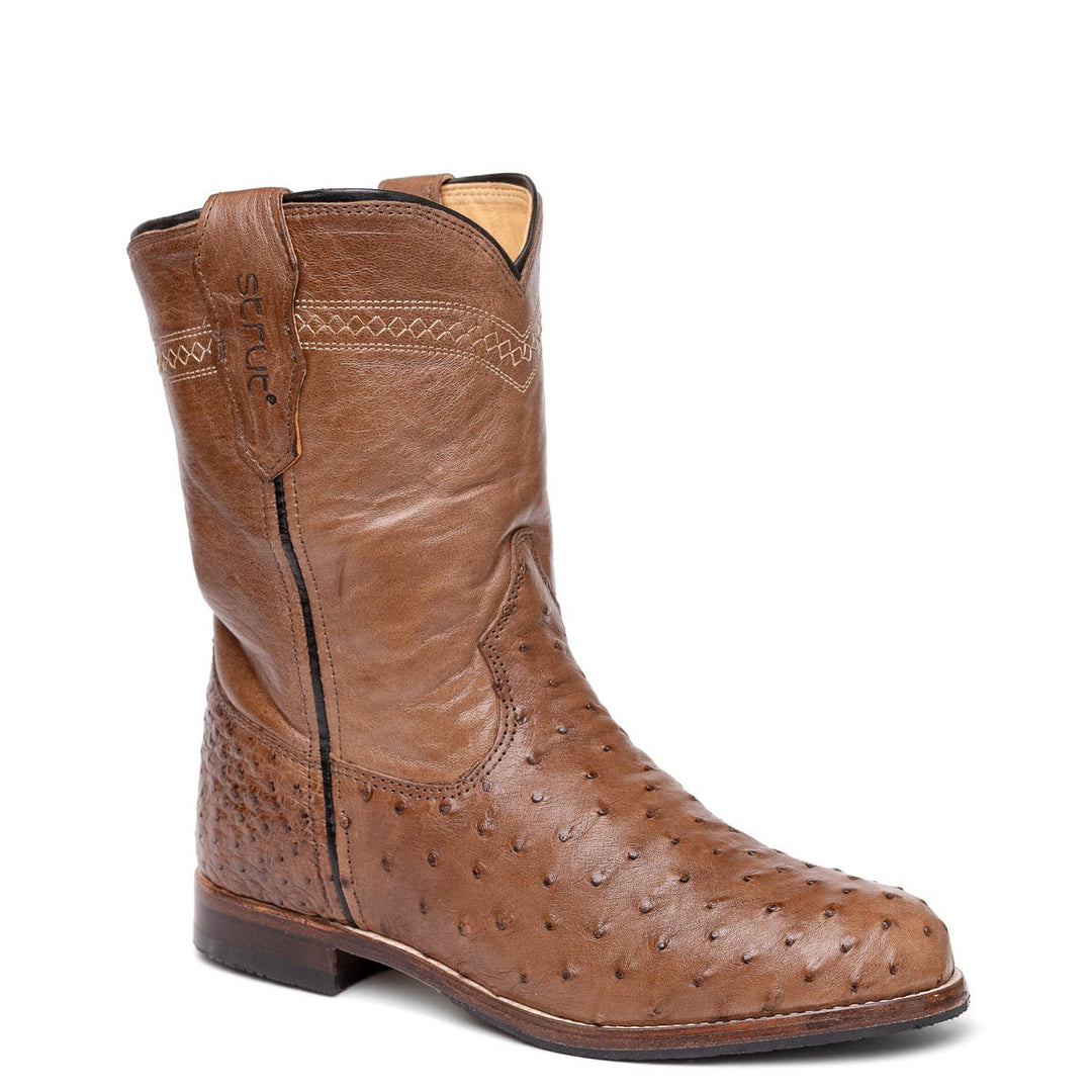 Bota Roper Strut Couro de Avestruz Cheio e Cano Bordado - Tabaco - Strut