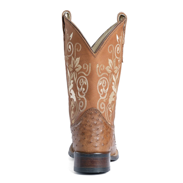 Bota Strut Feminina em Couro de Avestruz Tabaco Flores - Strut