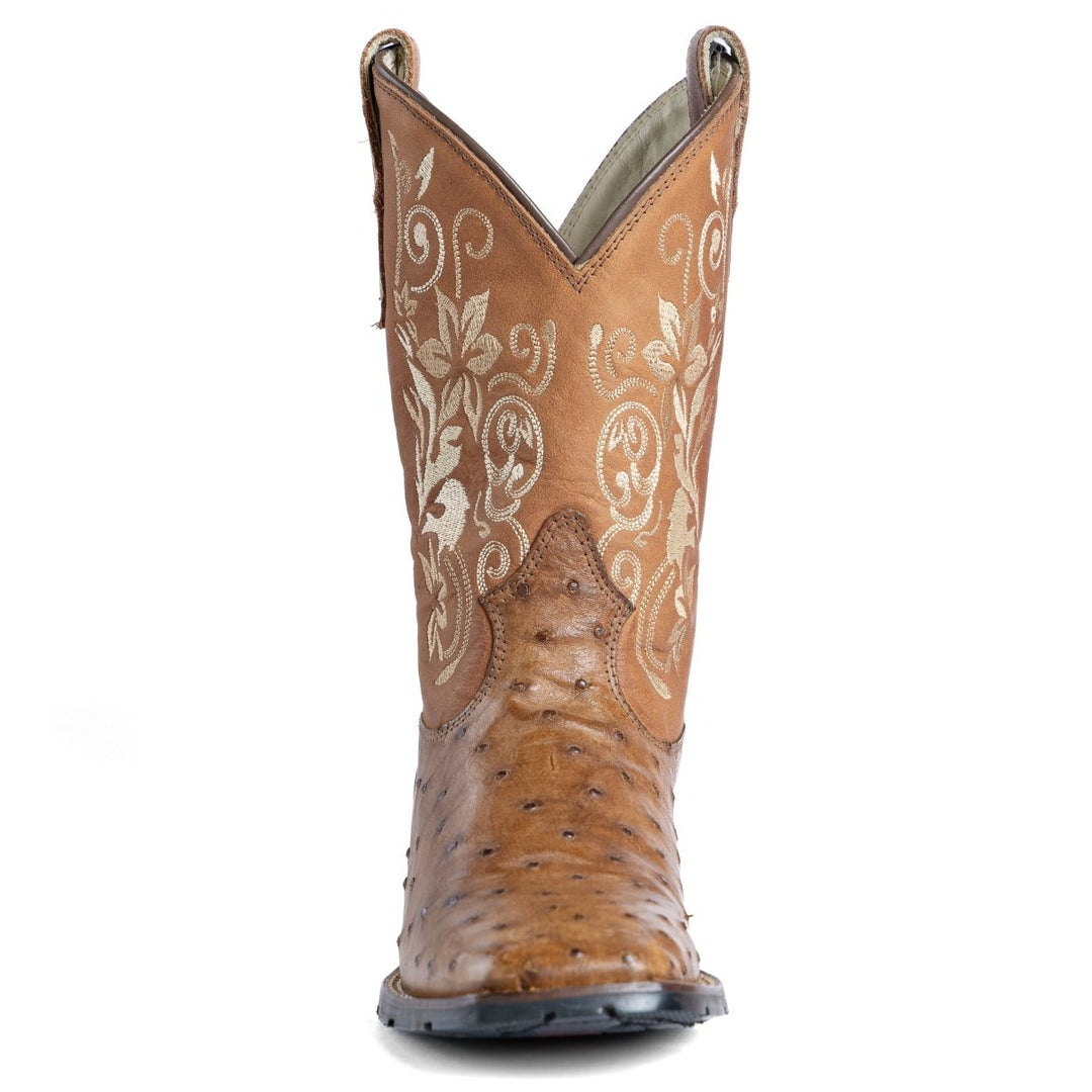 Bota Strut Feminina em Couro de Avestruz Tabaco Flores - Strut