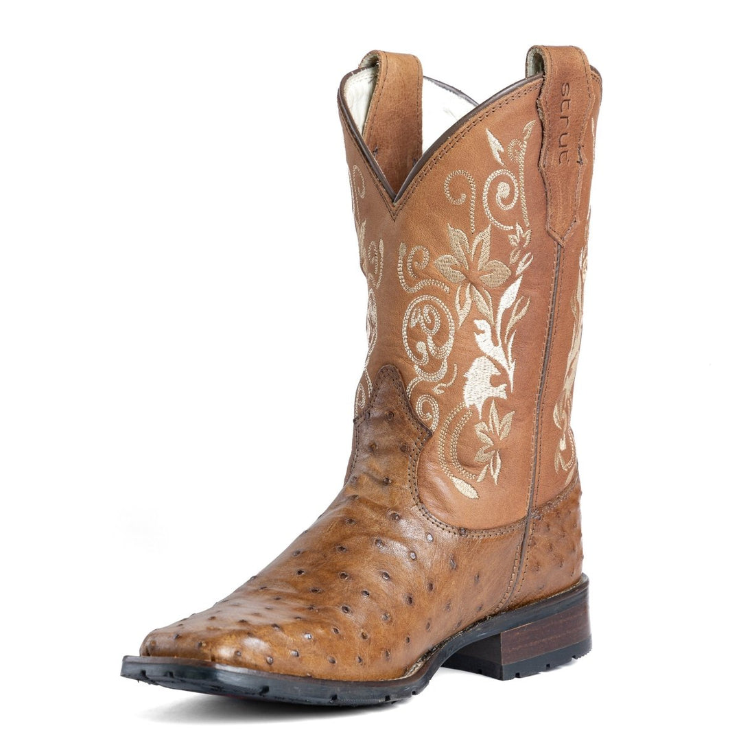 Bota Strut Feminina em Couro de Avestruz Tabaco Flores - Strut
