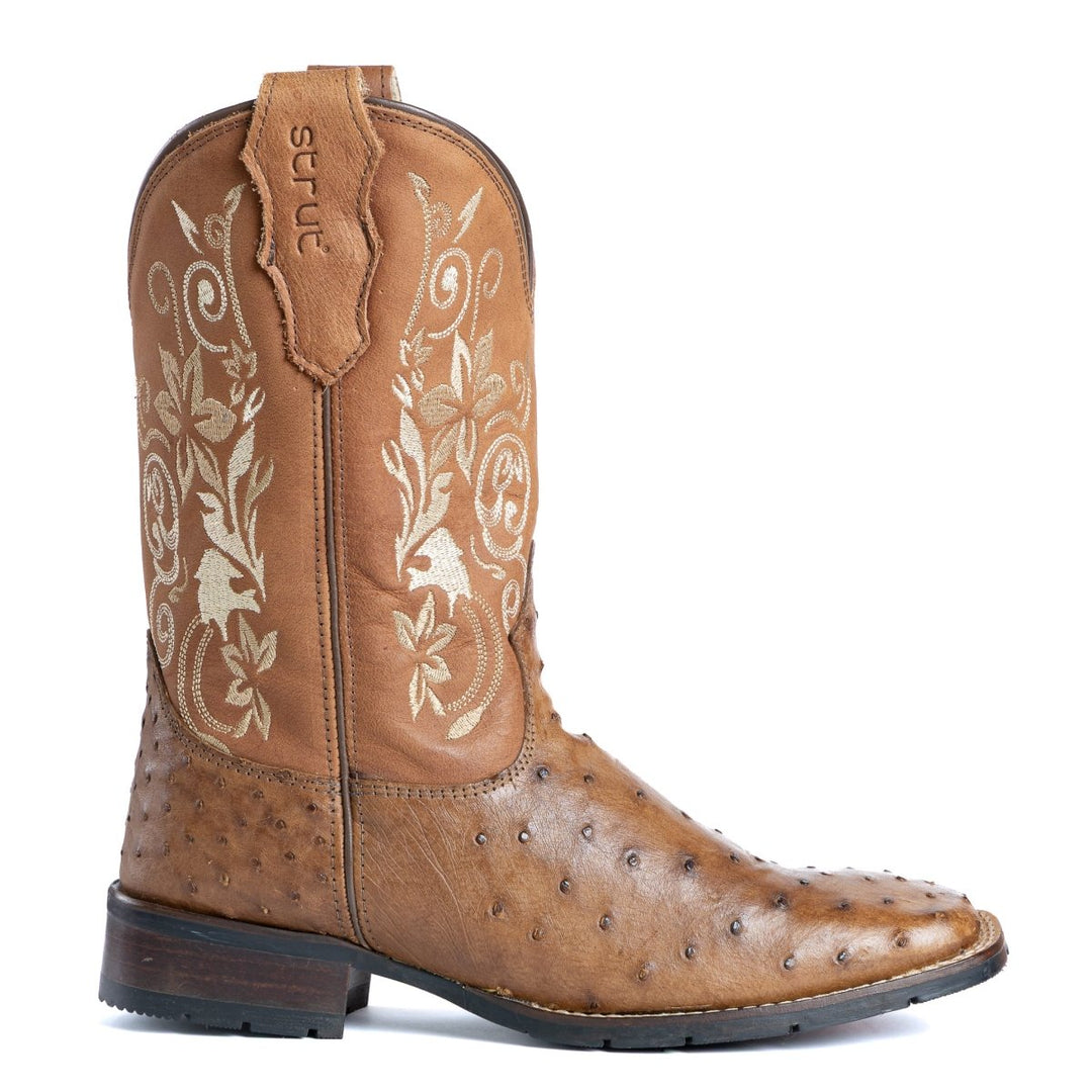 Bota Strut Feminina em Couro de Avestruz Tabaco Flores - Strut