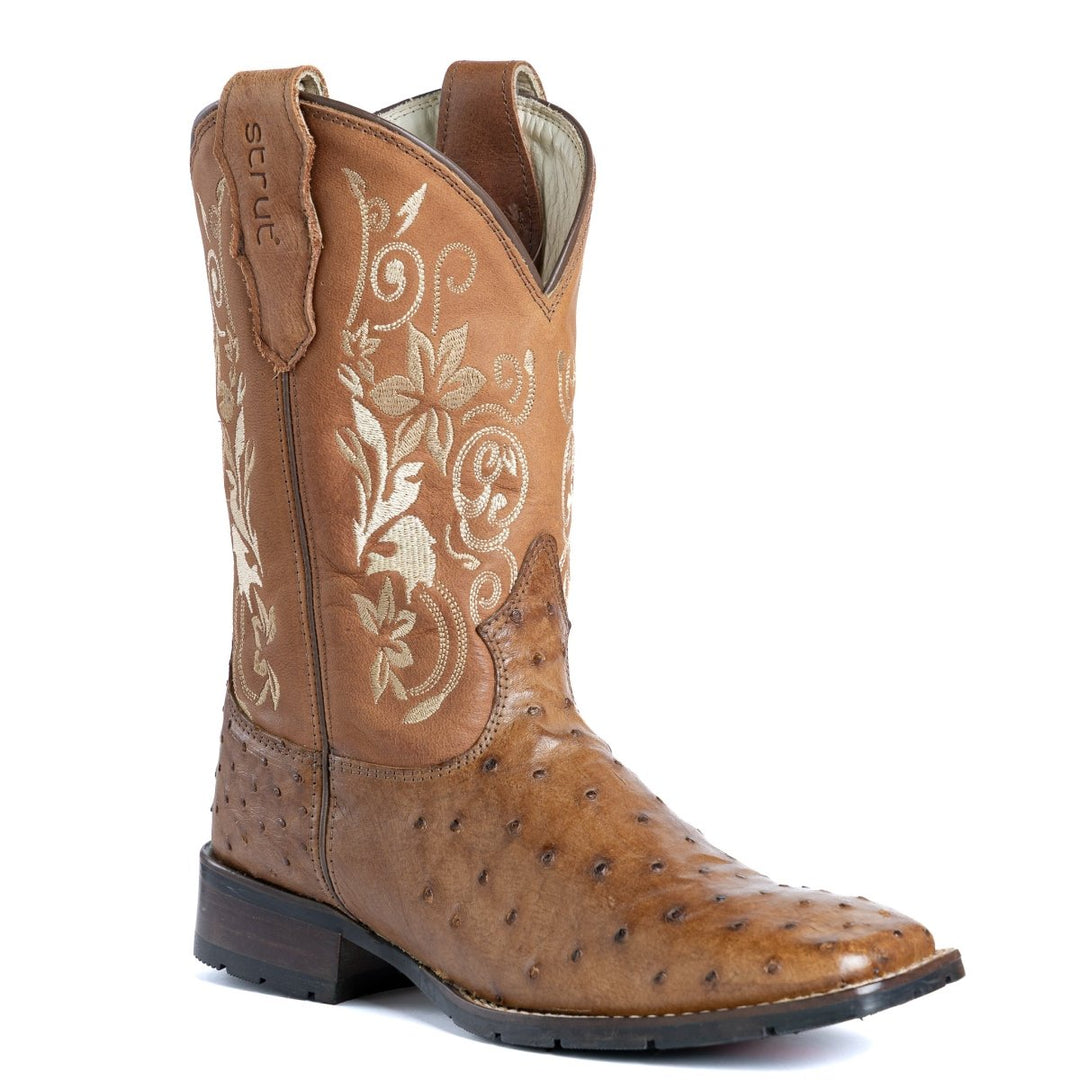 Bota Strut Feminina em Couro de Avestruz Tabaco Flores - Strut