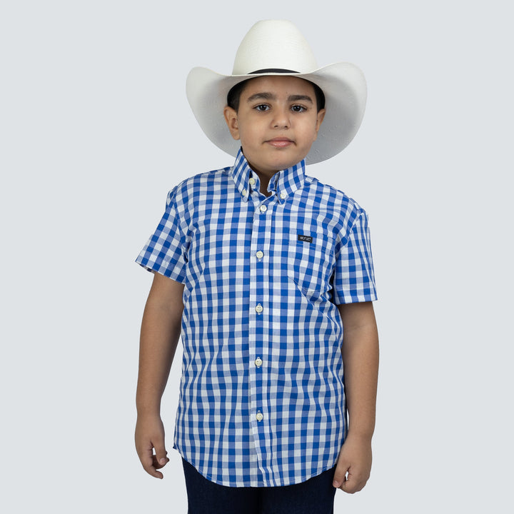 Camisa Infantil Manga Curta Masculina Xadrez Azul e Branco - Strut