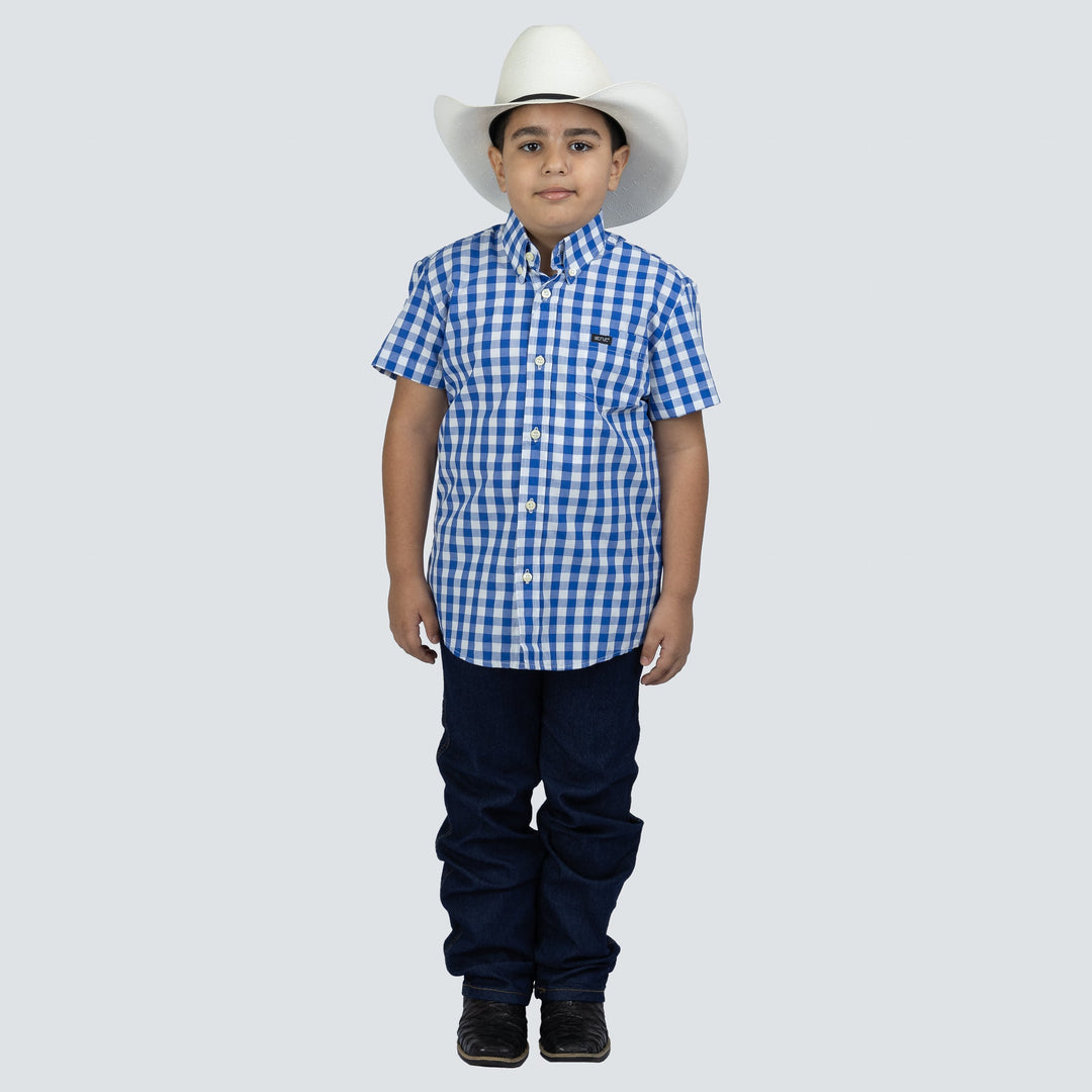 Camisa Infantil Manga Curta Masculina Xadrez Azul e Branco - Strut