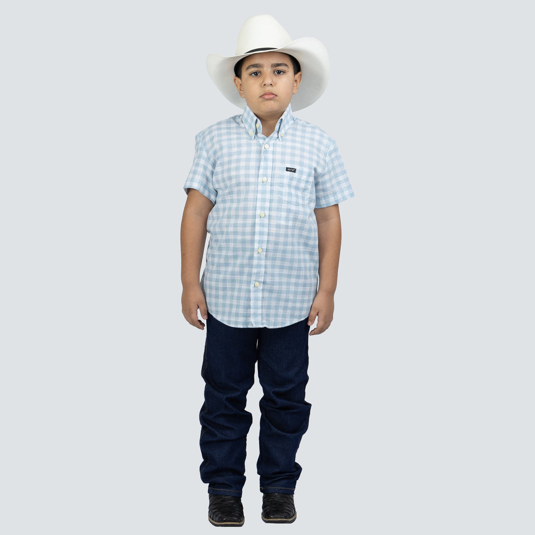 Camisa Infantil Manga Curta Xadrez Azul Claro e Branco - Strut