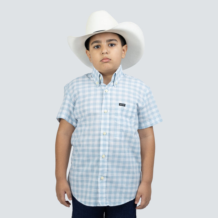 Camisa Infantil Manga Curta Xadrez Azul Claro e Branco - Strut