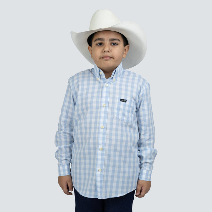 Camisa Infantil Manga Longa Xadrez Azul Claro e Branco - Strut