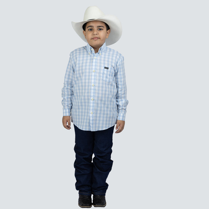 Camisa Infantil Manga Longa Xadrez Azul Claro e Branco - Strut