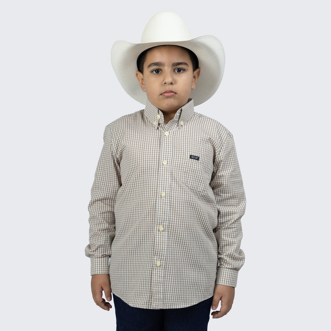 Camisa Infantil Manga Longa Xadrez Bege e Branco - Strut