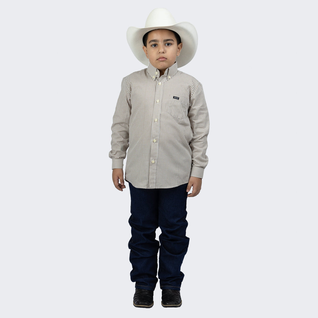 Camisa Infantil Manga Longa Xadrez Bege e Branco - Strut