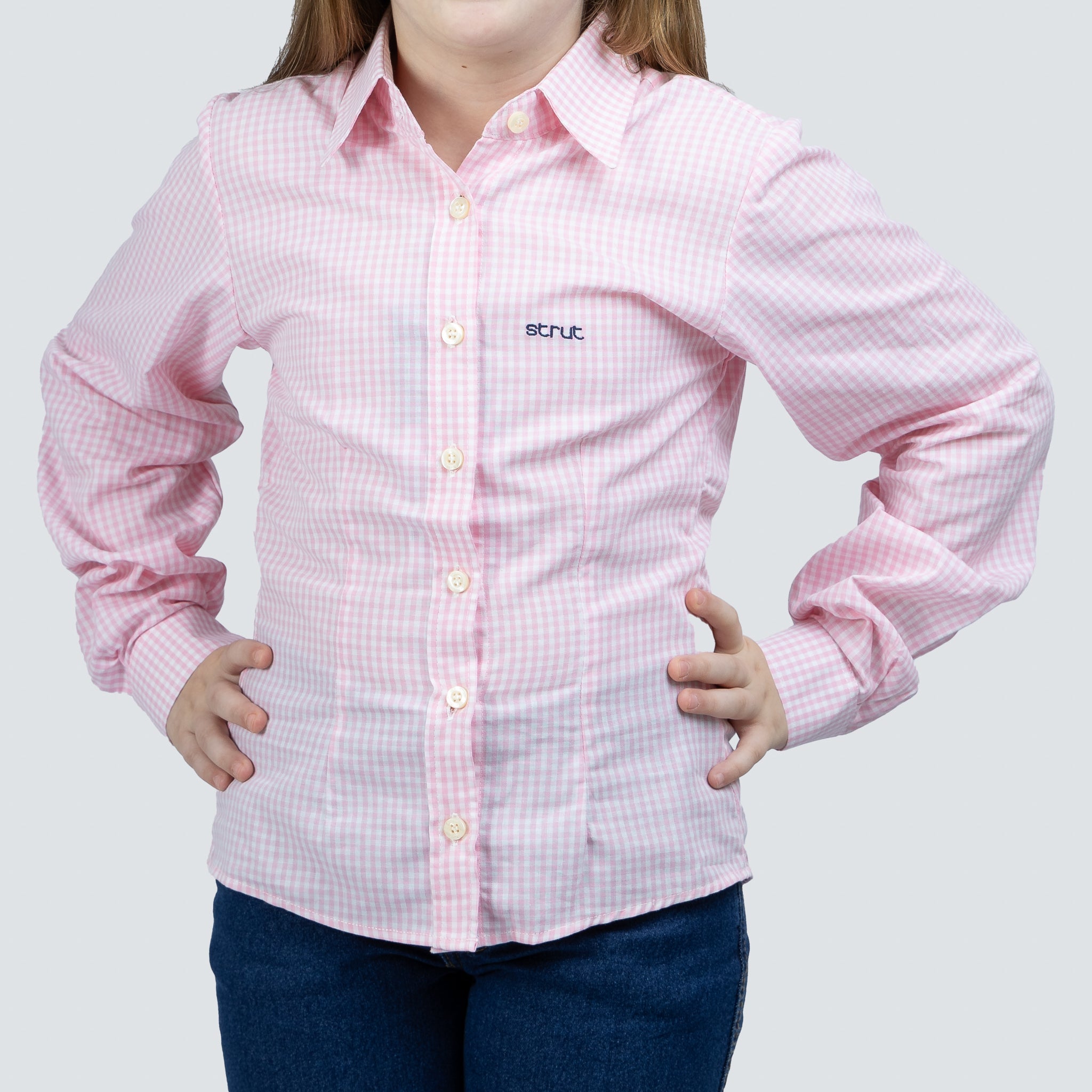 Camisa Infantil Manga Longa Xadrez Feminina Rosa - Strut