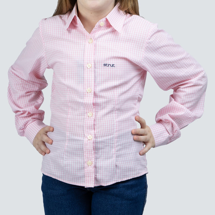 Camisa Infantil Manga Longa Xadrez Feminina Rosa - Strut