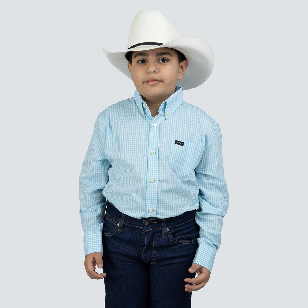 Camisa Infantil Xadrez Manga Longa Azul Claro - Strut