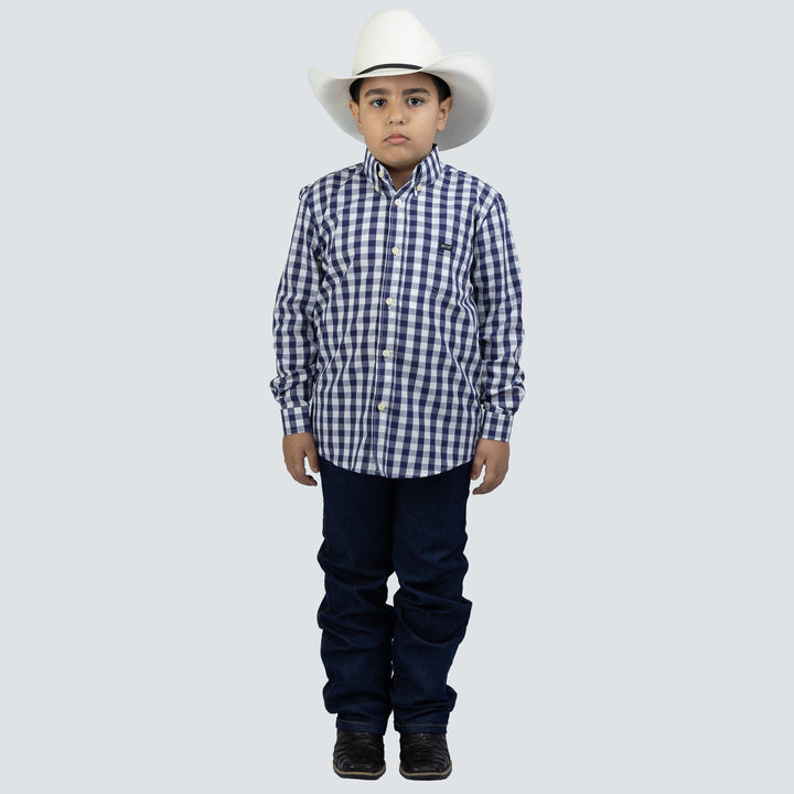 Camisa Infantil Xadrez Manga Longa Marinho e Branco - Strut