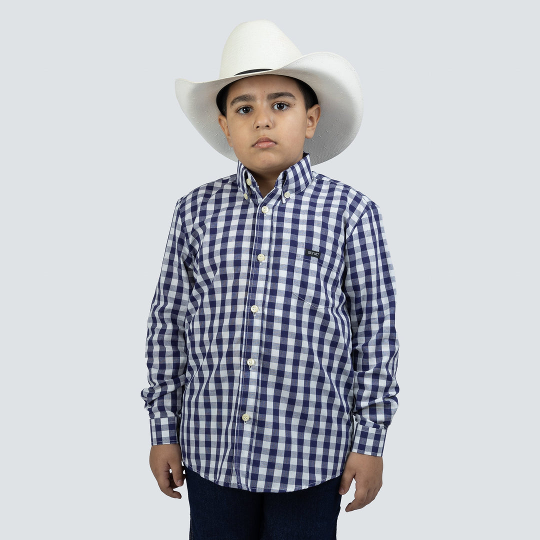 Camisa Infantil Xadrez Manga Longa Marinho e Branco - Strut