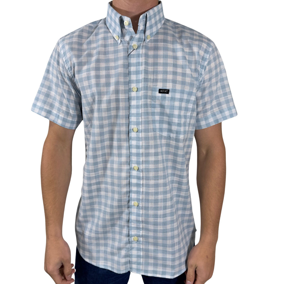 Camisa Masculina Manga Curta Strut Xadrez Azul Claro e Branco - Strut