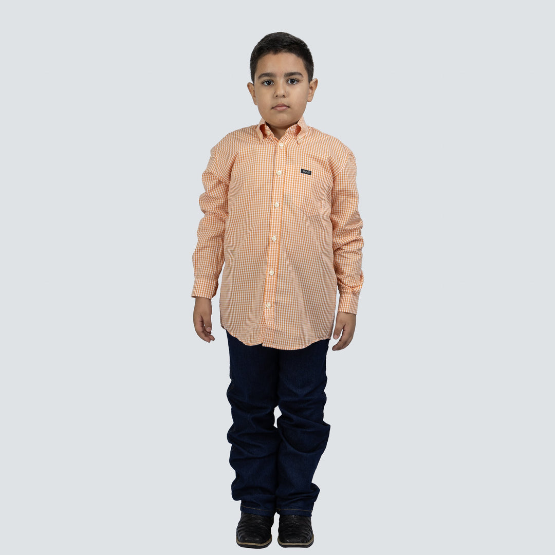 Camisa Xadrez Infantil Manga Longa Laranja e Branco - Strut