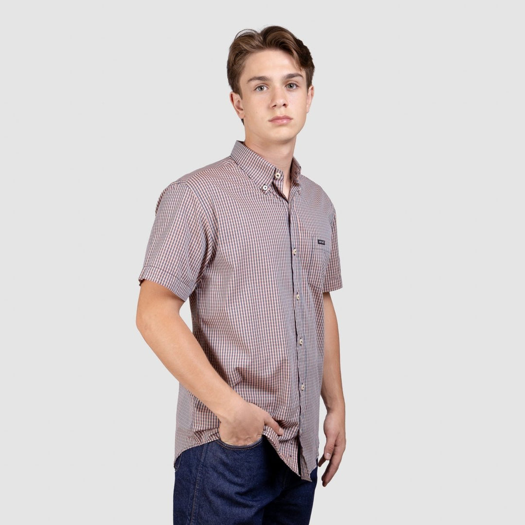 Camisa Xadrez Manga Curta Masculina - Laranja/Azul - Strut