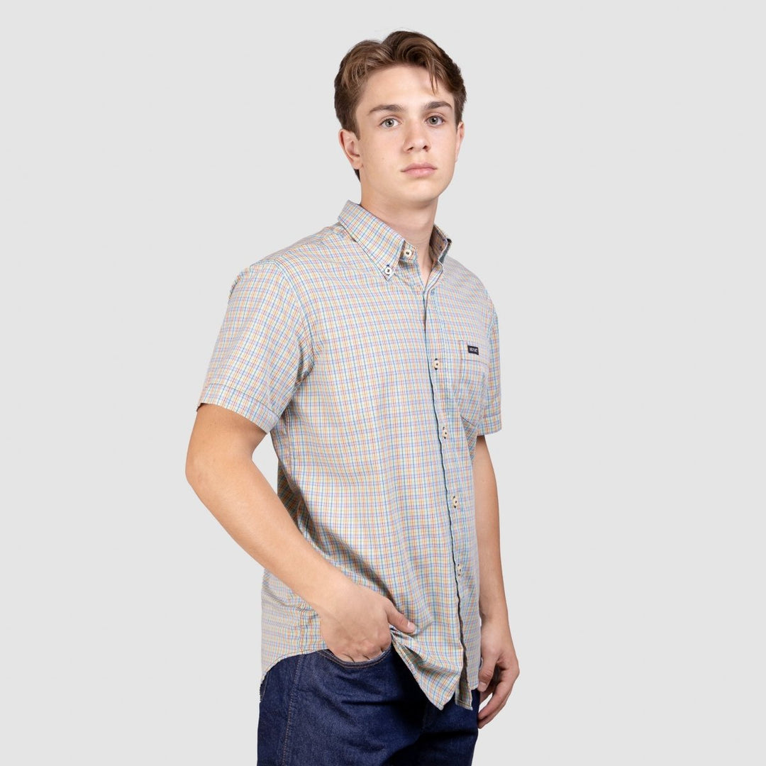 Camisa Xadrez Manga Curta Masculina - Laranja/Verde - Strut