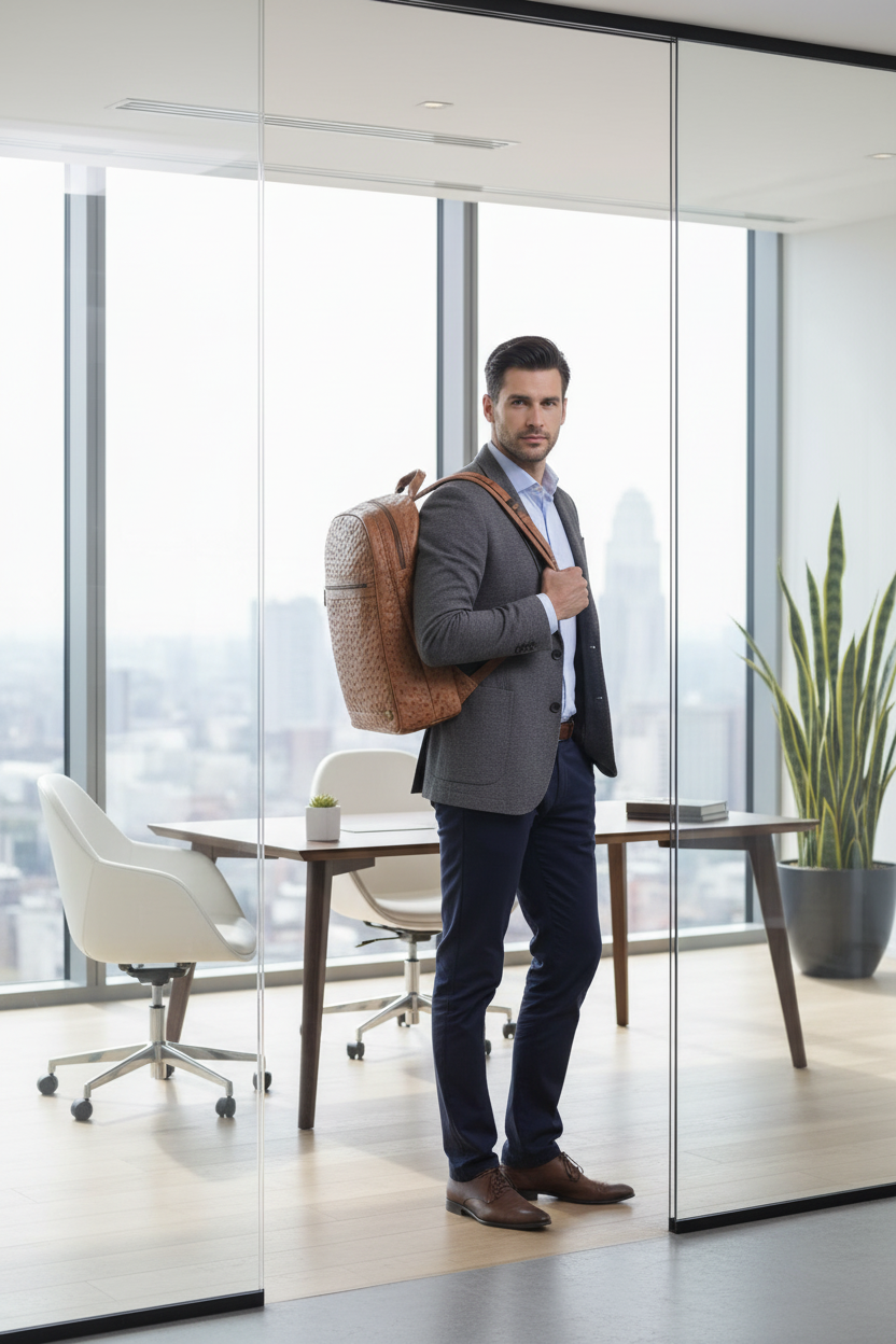 Mochila Masculina em Couro de Avestruz Legítimo Tabaco