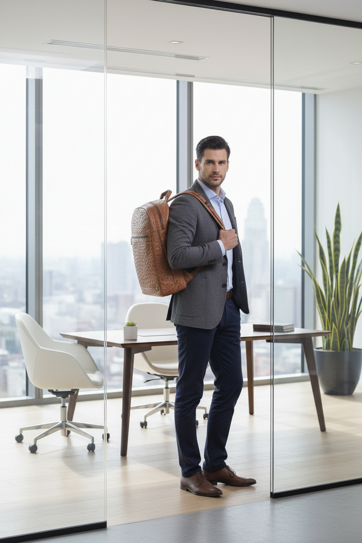 Mochila Masculina em Couro de Avestruz Legítimo Tabaco