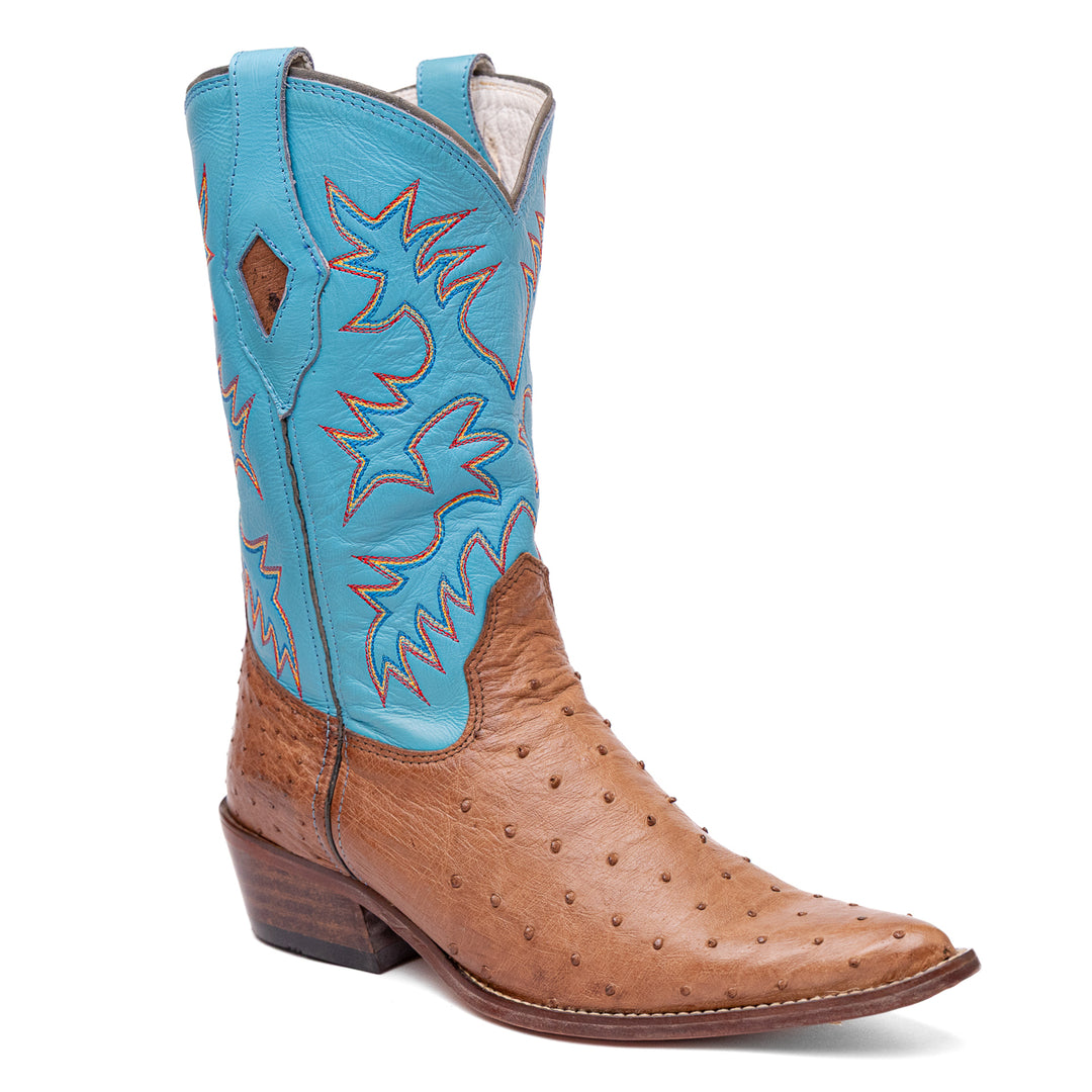 Bota Masculina Strut em Couro de Avestruz Cheio Tabaco Bico Fino com Cano Azul turquesa Bordado vista em três quartos