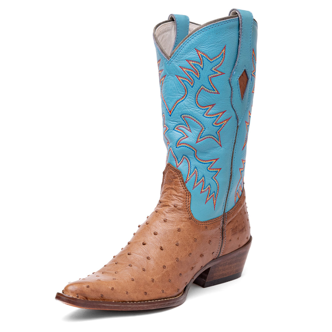 Bota Masculina Strut em Couro de Avestruz Cheio Tabaco Bico Fino com Cano Azul turquesa Bordado vista de frente