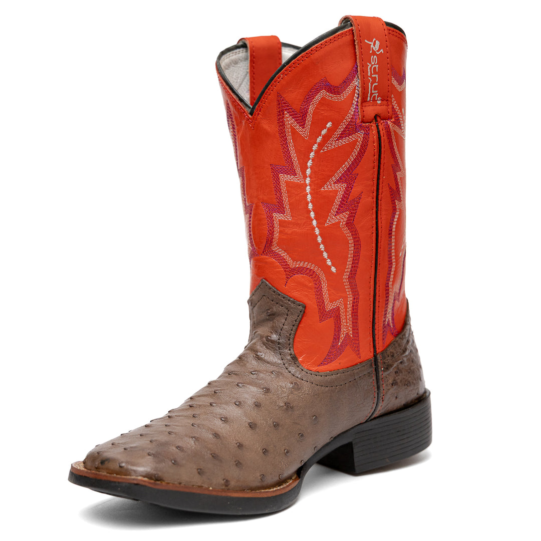 Bota Masculina Strut em Couro de Avestruz Cheio Tabaco com Cano Laranja Bordado vista de frente