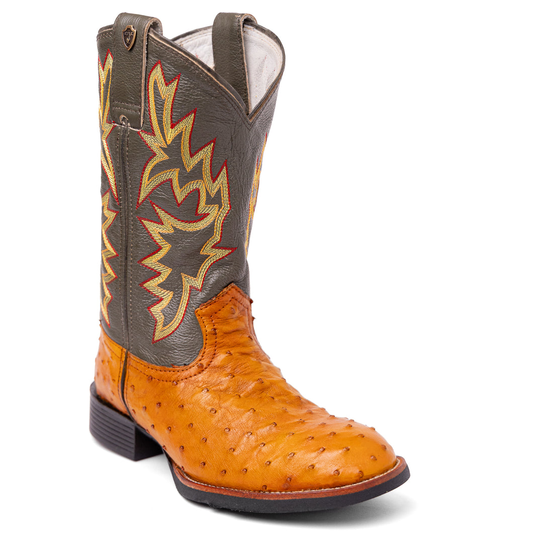 Bota Masculina Strut em Couro de Avestruz Cheio Chestnut com Cano Verde-oliva Bordado vista em três quartos